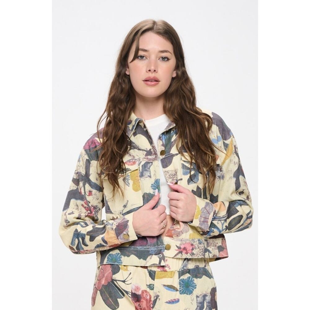 SM Wardrobe Botanical Print Button Down Denim Jacket